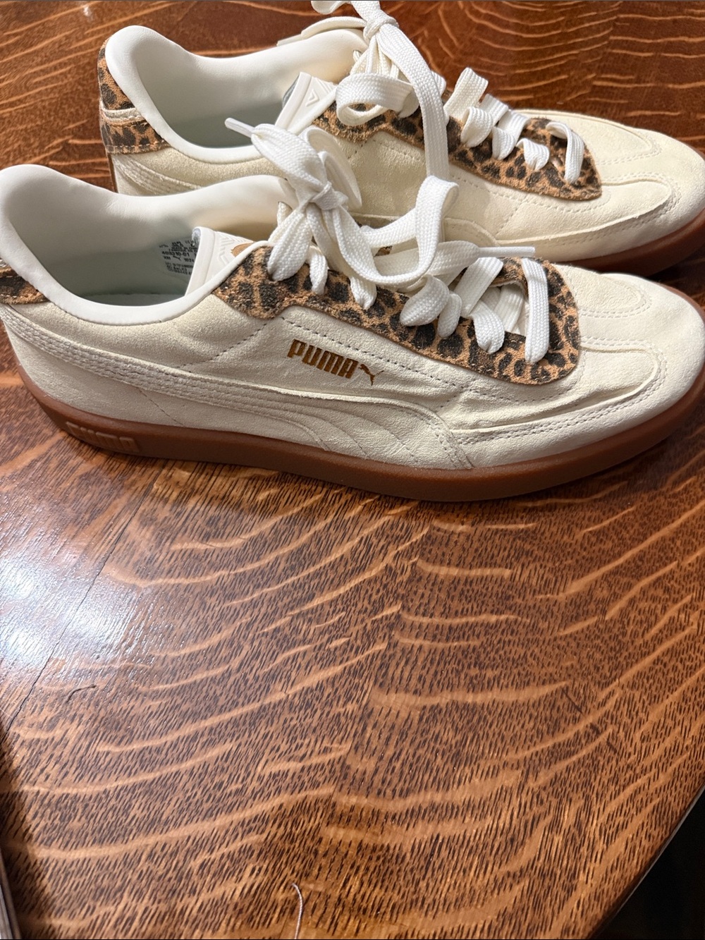 Puma Cream Low-Top Sneakers with Leopard Trim and Gum Sole